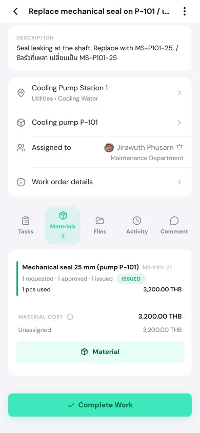 The Materials tab of the work order: Mechanical seal 25 mm, 1 requested, 1 approved, 1 issued, issued pill, 1 pcs used at 3,200.00 THB, and Material cost 3,200.00 THB