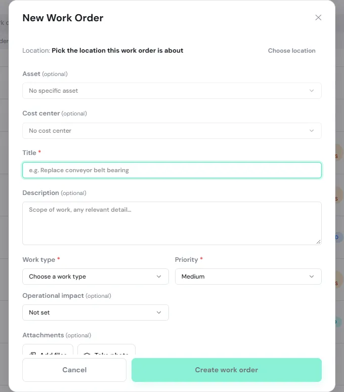 The New Work Order form with location, asset, cost center, title, description, work type, priority, operational impact and attachments