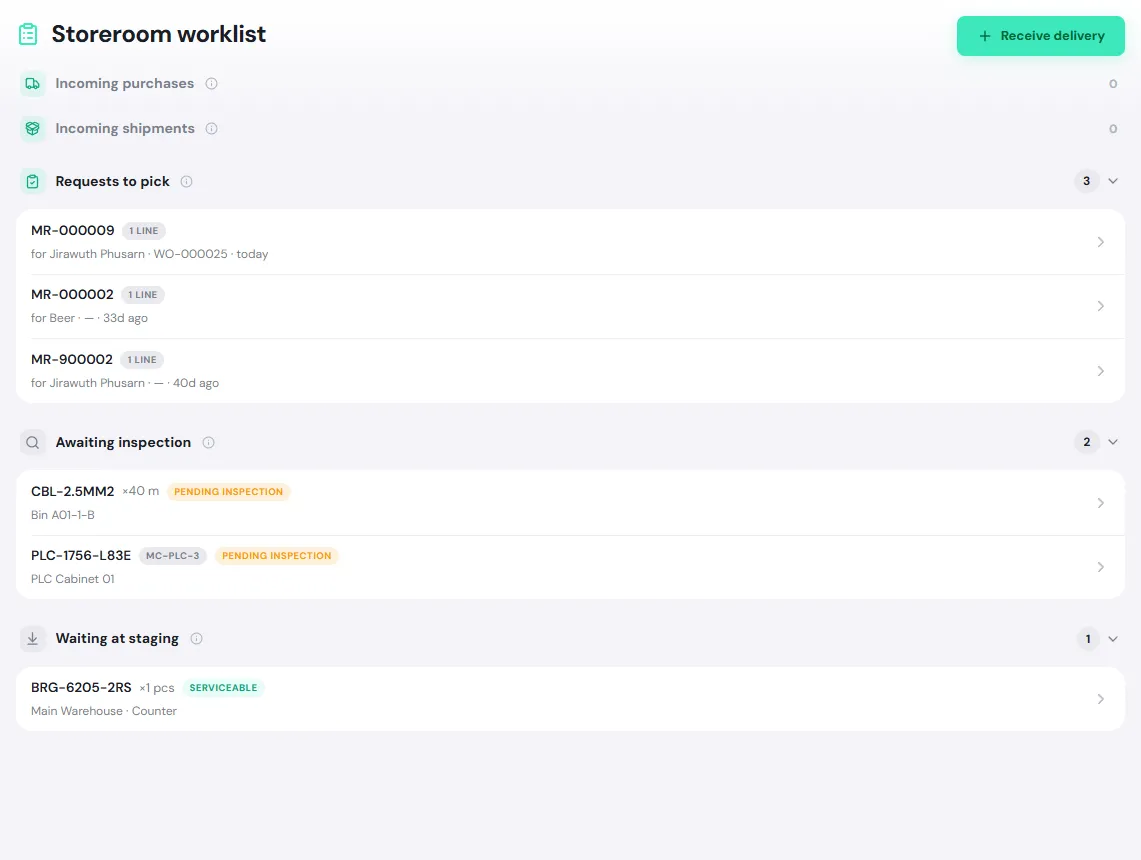 The Storeroom worklist with the Receive delivery button and the sections Incoming purchases, Incoming shipments, Requests to pick (3), Awaiting inspection (2) and Waiting at staging (1)